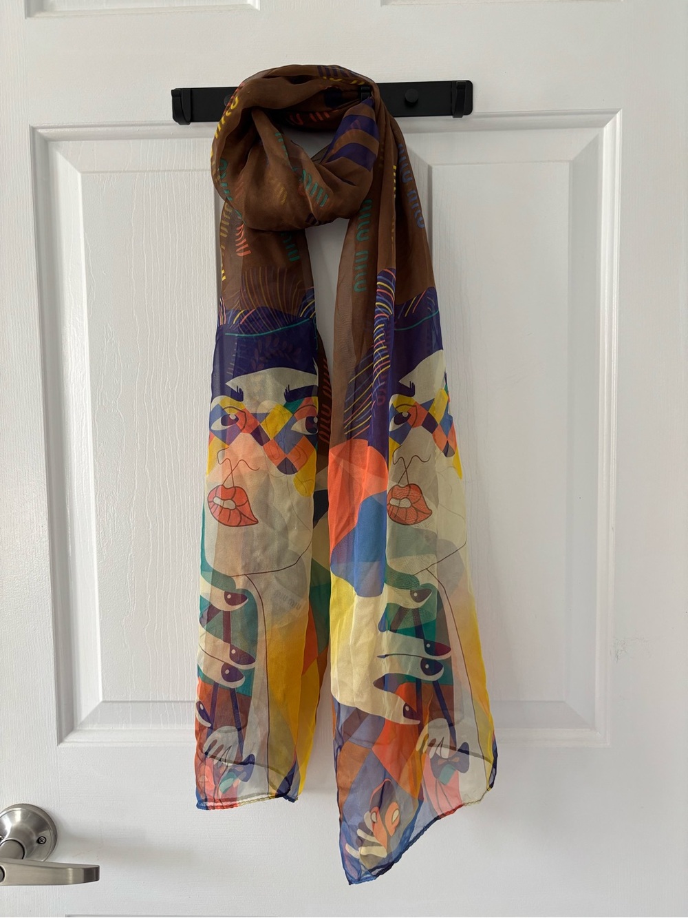 Miu Miu Art Print Silk Scarf Retro Face Graphic Lightweight Designer Accessory